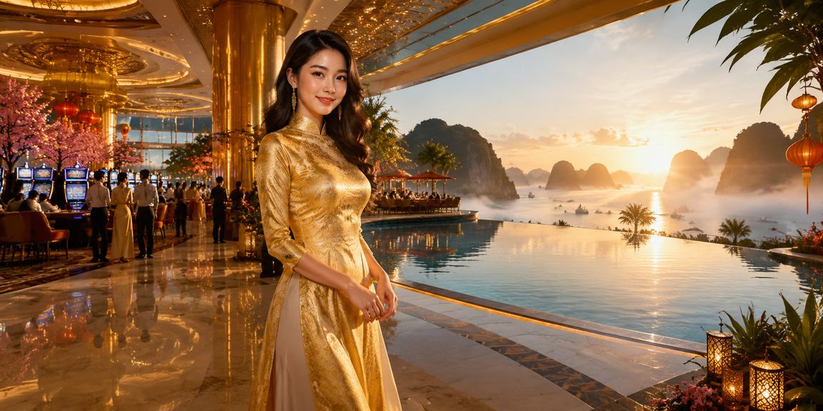 Người chơi xoilac1 trải nghiệm cá cược online tại Hạ Long Bay với trang phục áo dài truyền thống